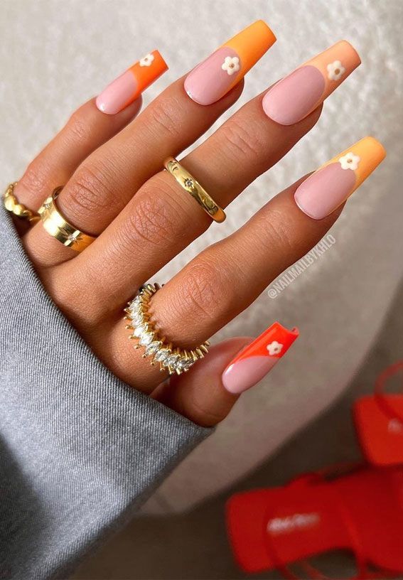 Gradient Orange Coral French Tips With Florals — Coral French Tip Nails 2027