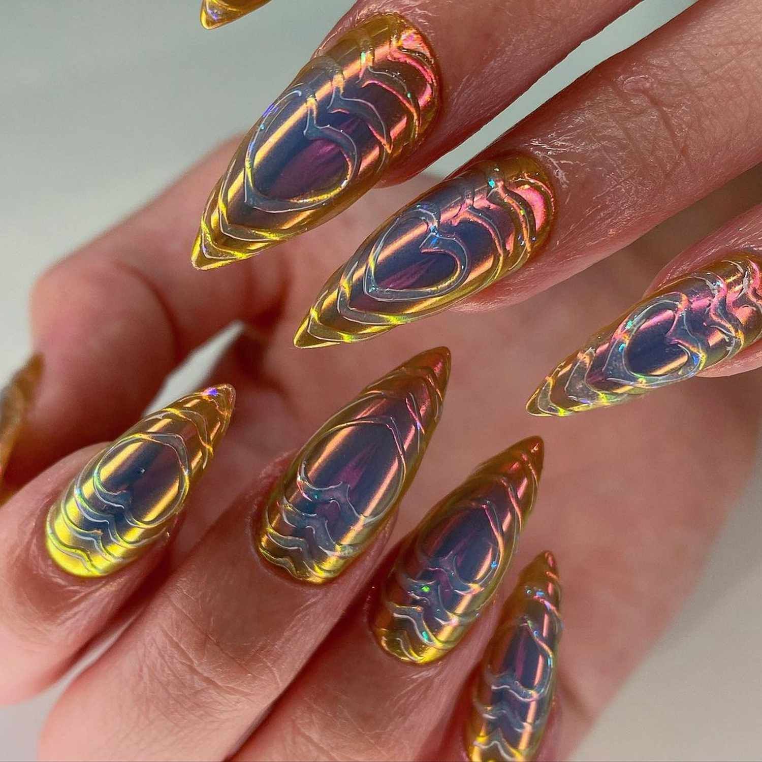 Holographic Gold Hearts Stiletto Nails Holographic Gold Hearts Stiletto Nails — Gold Birthday Nails 2027