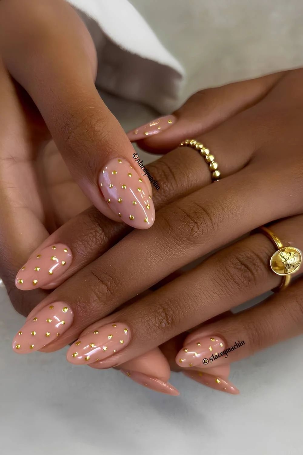 Dainty Gold Dot Peachy Pink Almonds Dainty Gold Dot Peachy Pink Almonds — Gold Birthday Nails 2027