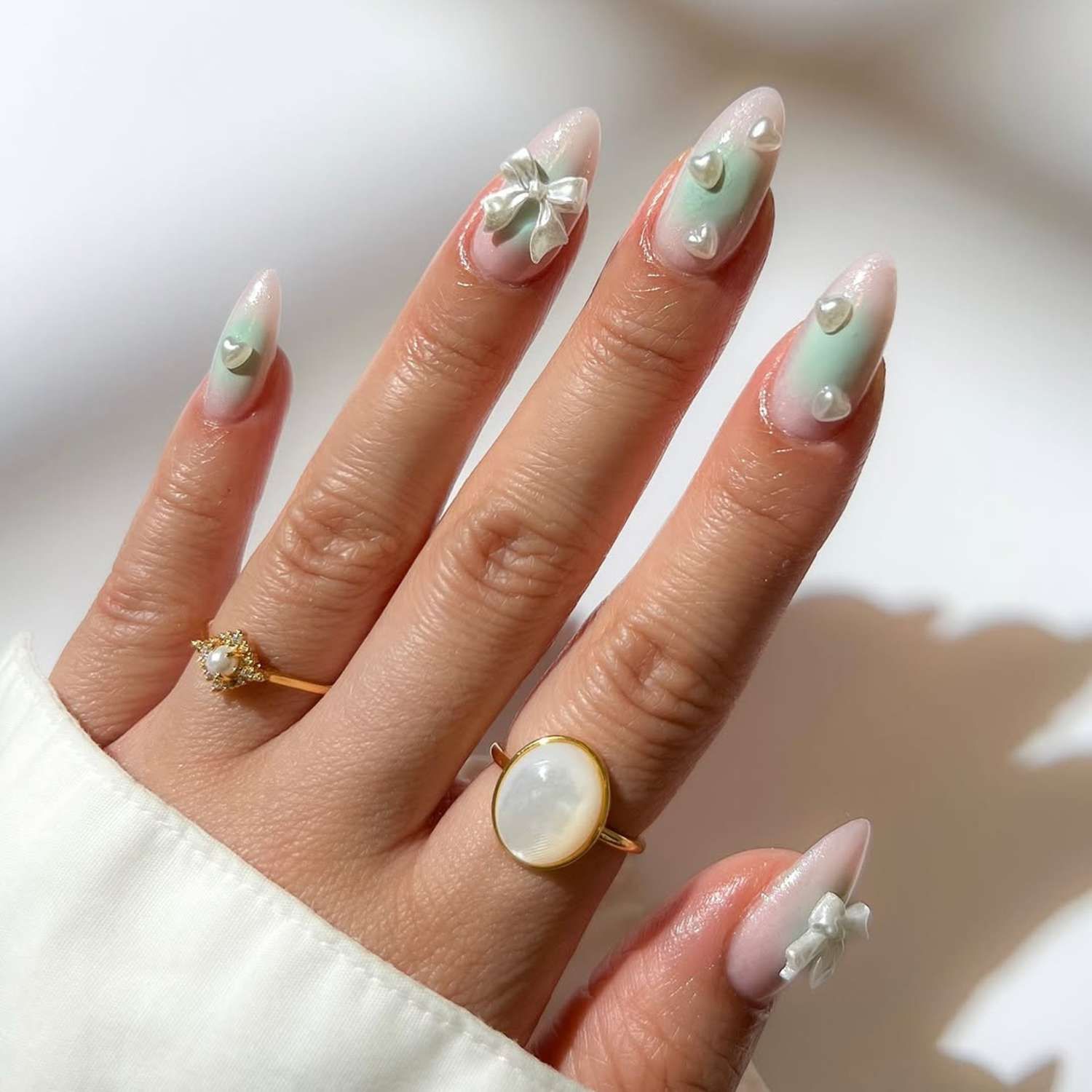Pastel Green Pink Bows & Pearls Pastel Green Pink Bows & Pearls — Pearl Aura Nails 2027