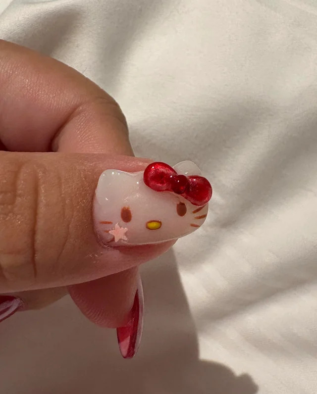 Short Square Hello Kitty Red Bow Nail — The Nail Has A Glossy Finish — Red Hello Kitty Nails 2027