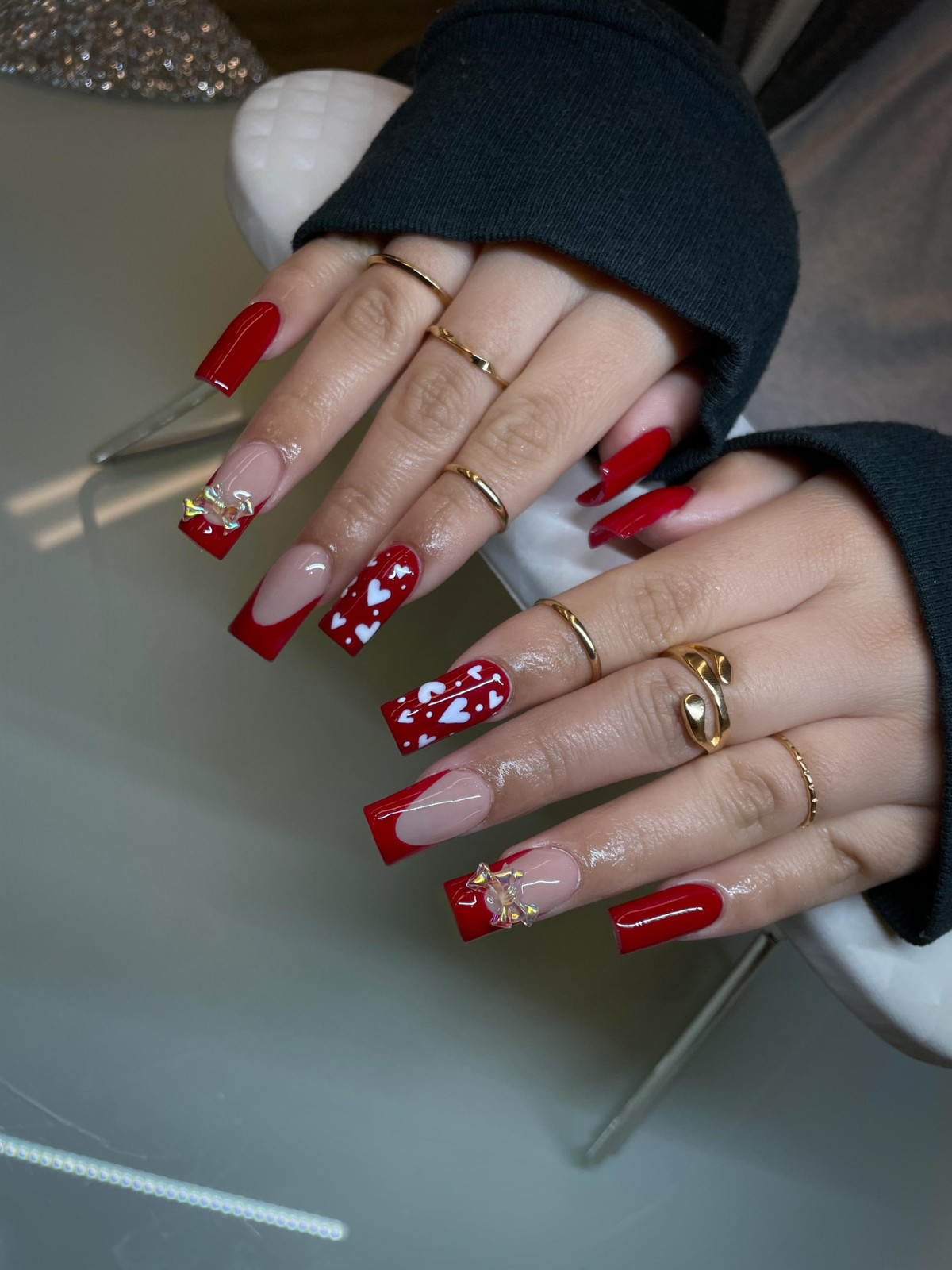 Long Square Red French Tip Hearts Nails — Red Hello Kitty Nails 2027