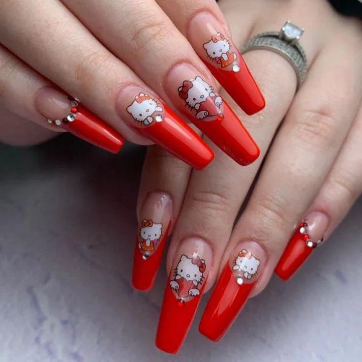 Visual Idea — Long Coffin Nails With A Glossy Finish — Red Hello Kitty Nails 2027