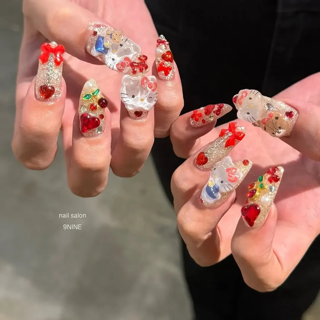 Long Coffin 3D Hello Kitty Charms Nails — Red Hello Kitty Nails 2027