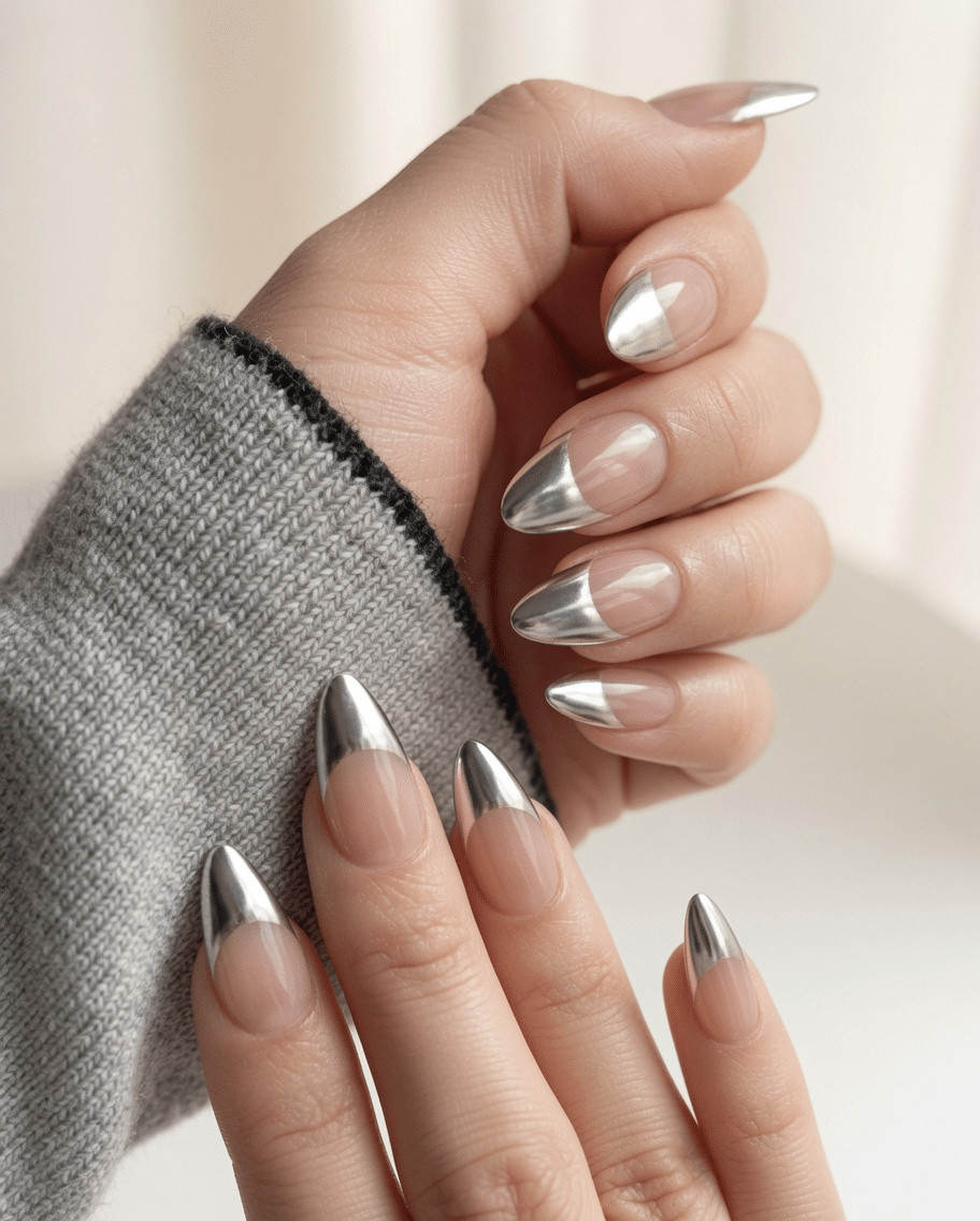 Textured Fabric Silver Chrome French Textured Fabric Silver Chrome French — Chrome French Tip Nails 2027