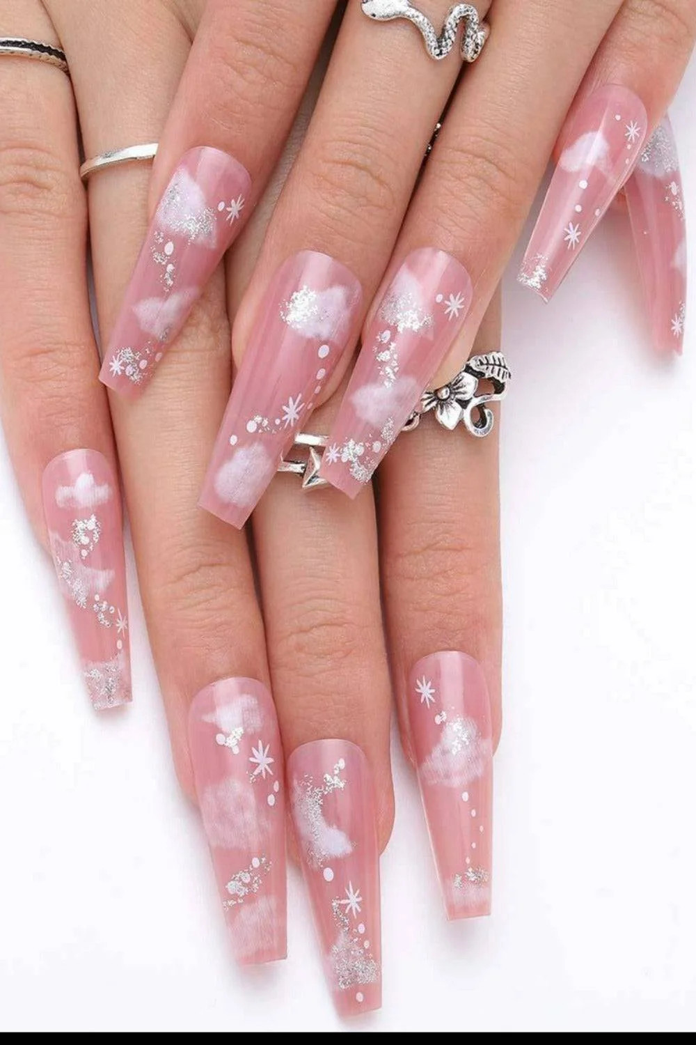 Long Coffin Pink Silver Glitter Clouds Long Coffin Pink Silver Glitter Clouds — Pink Cloud Nails 2027