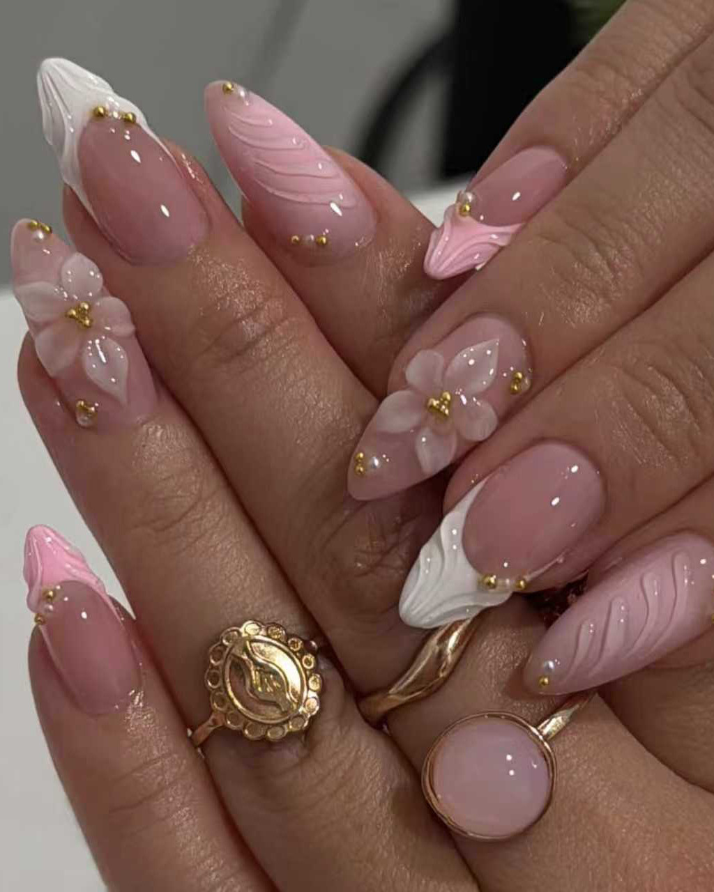 3D Floral Pink French Almonds with Gold 3D Floral Pink French Almonds with Gold — Long Almond Pink Nails Ideas 2027