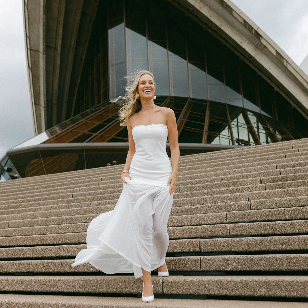 Strapless Column Dress with Flowing Overlay for Drama — Engagement Photo Dresses 2027
