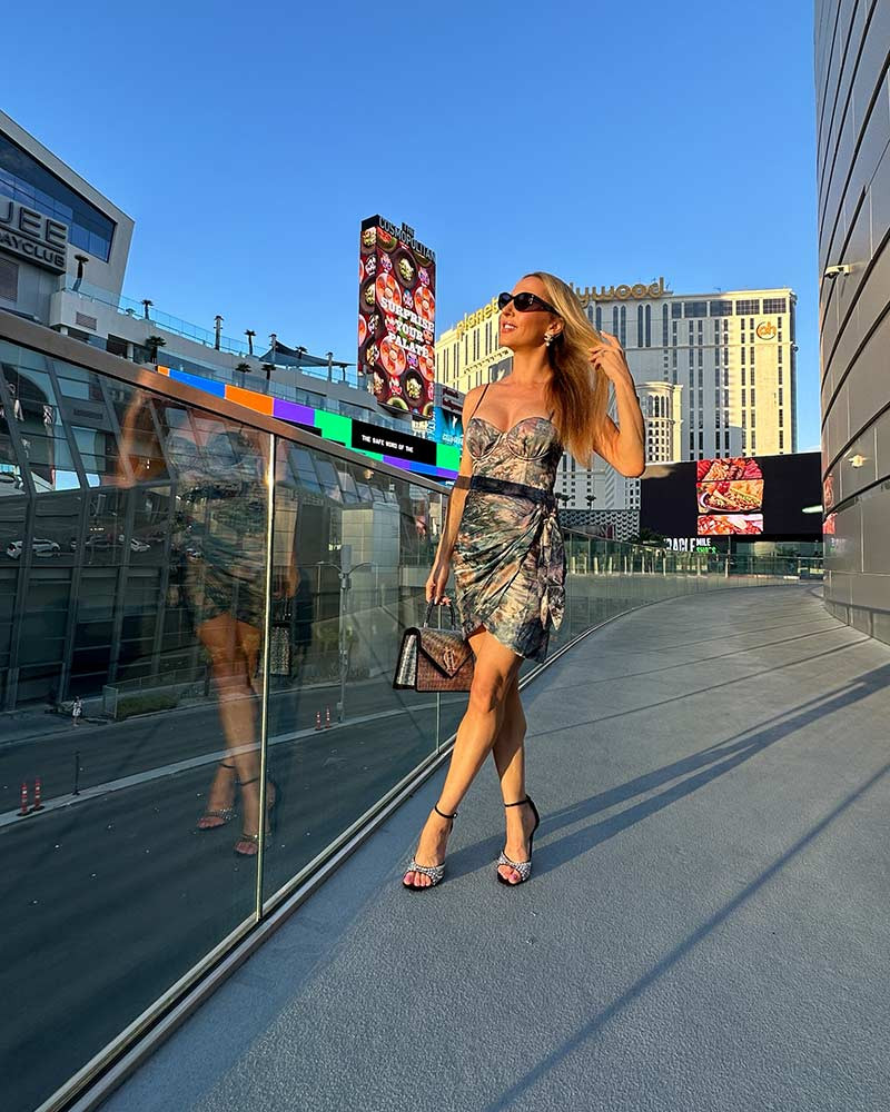 Patterned Mini Dress with Crystal Embellished Strappy Heels — Strappy Heels Outfits 2027