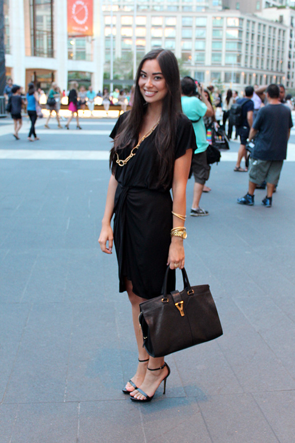Jersey Wrap Dress with Black Strappy Stilettos and Gold Chain — Strappy Heels Outfits 2027