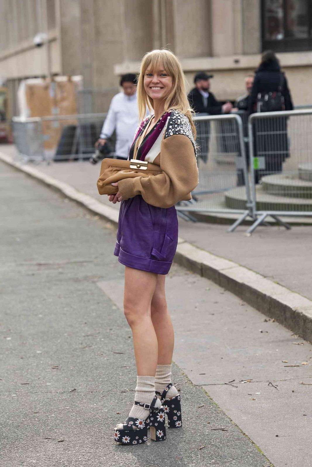 Beige Socks with Purple Leather Shorts and Daisy Print Heels — Socks 2027 with Heels Outfits