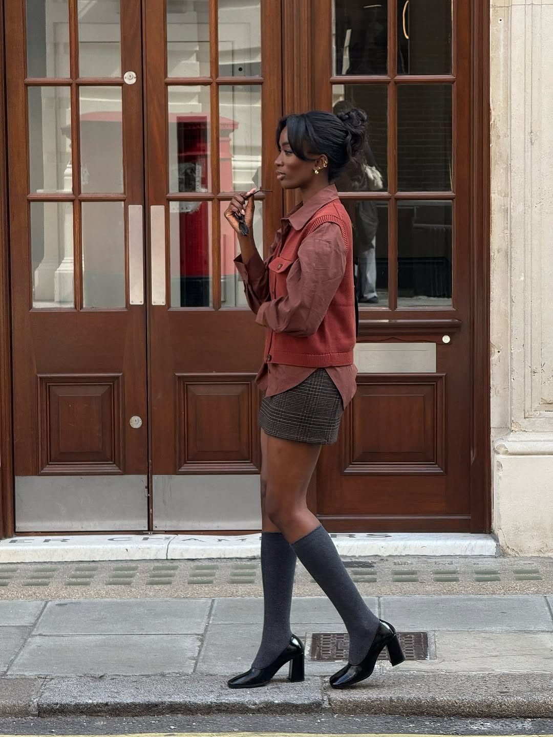 Grey Knee-High Socks with Plaid Mini Skirt and Block Heels — Socks 2027 with Heels Outfits