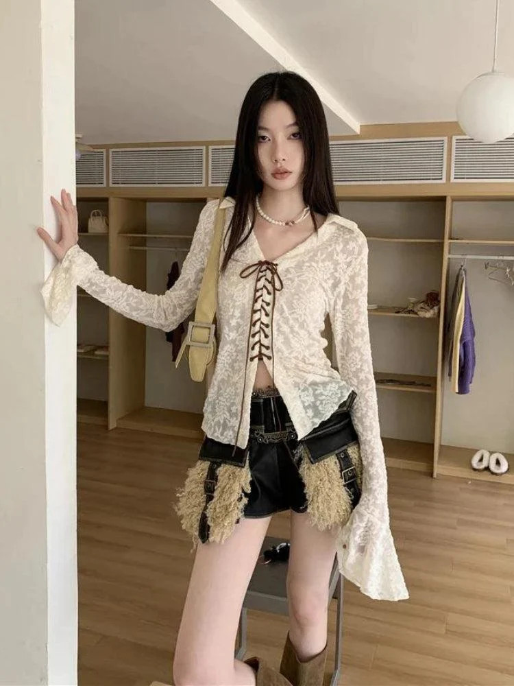 Edgy Romance: Sheer Lace Top with Fur-Trimmed Shorts Edgy Romance: Sheer Lace Top with Fur-Trimmed Shorts — Fairy Grunge Outfits 2027
