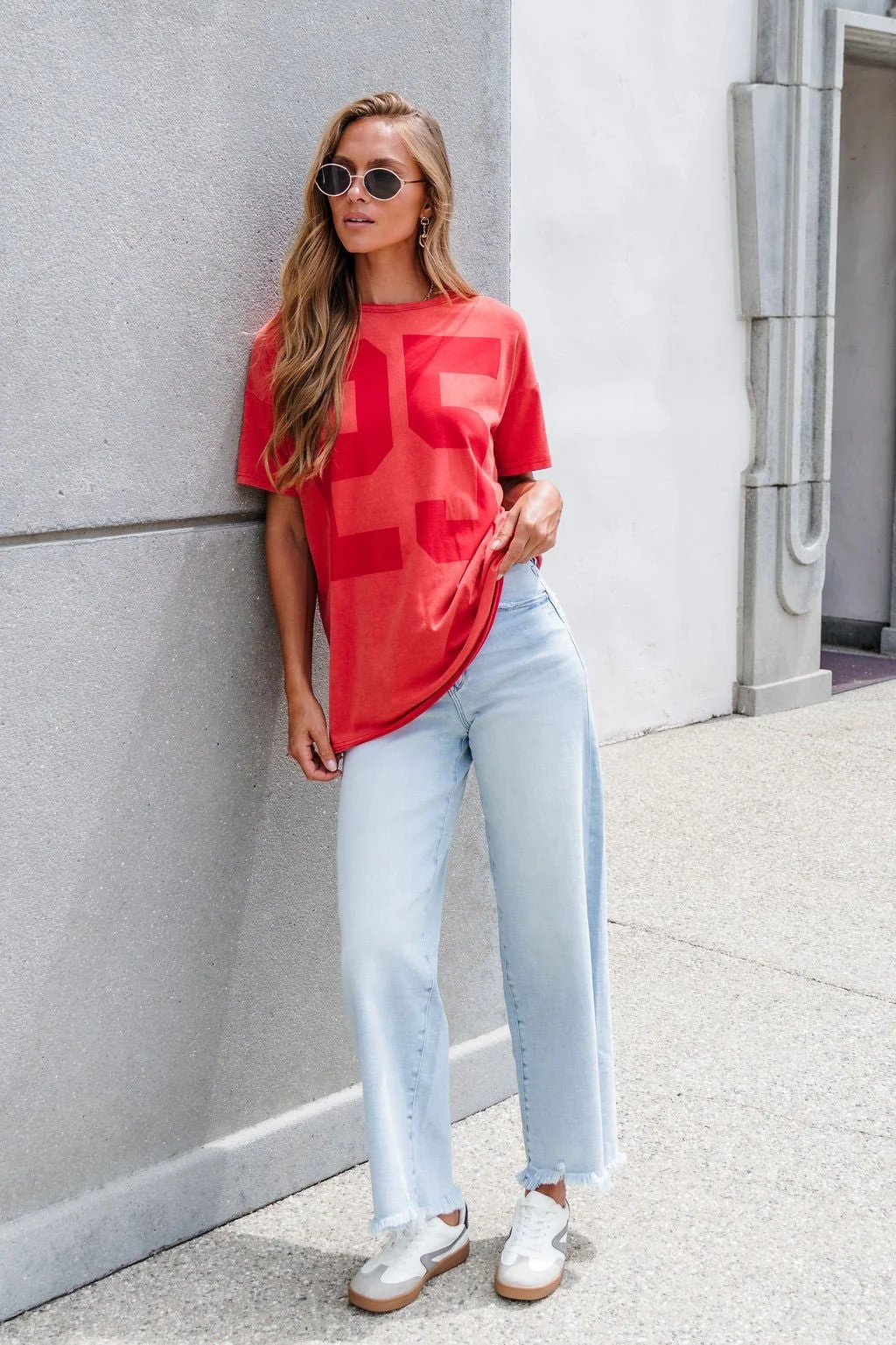 Light Wash Wide Leg Jeans with an Oversized Red Tee — Straight Leg Jeans Outfits 2027 with Graphic Tee