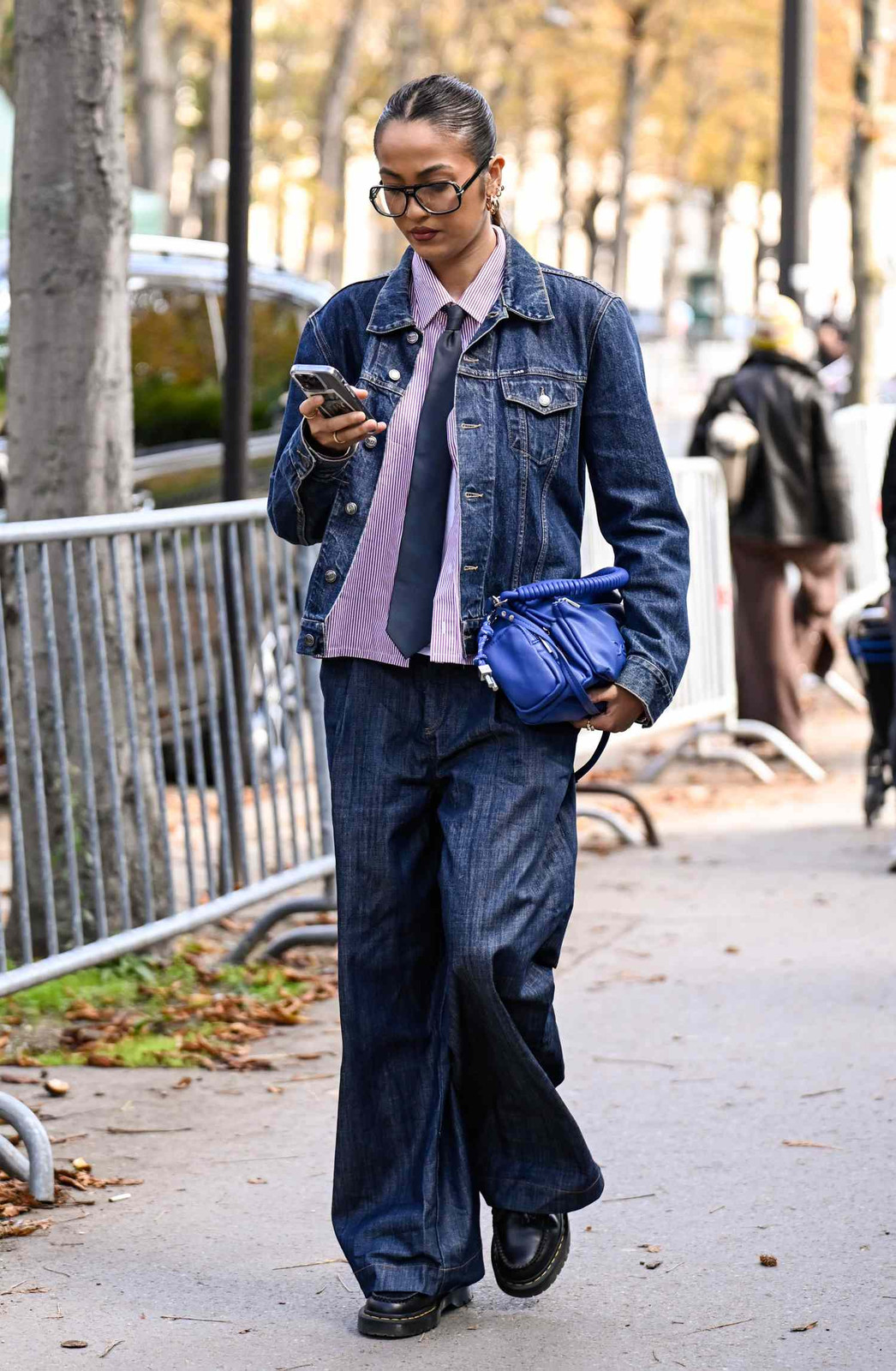 Street Style: Dark Bootcut Jeans with Striped Shirt, Tie, and Denim Jacket Street Style: Dark Bootcut Jeans with Striped Shirt, Tie, and Denim Jacket — Bootcut Jeans Outfits 2027 with Denim Jacket