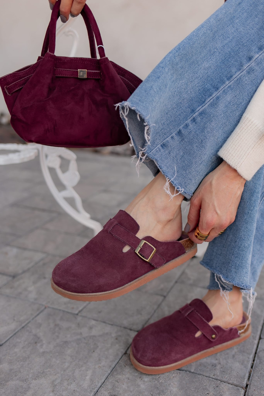 Burgundy Suede Birkenstocks with Cream Knit Sweater and Distressed Bootcut Jeans Burgundy Suede Birkenstocks with Cream Knit Sweater and Distressed Bootcut Jeans — Bootcut Jeans Outfits 2027 with Birkenstoc