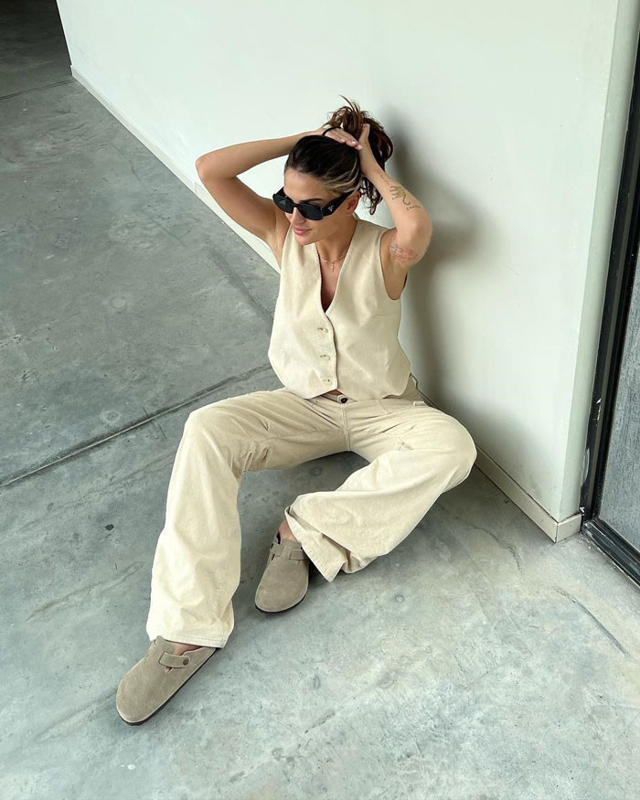 Beige Corduroy Trousers with Taupe Suede Birkenstocks and Waistcoat Beige Corduroy Trousers with Taupe Suede Birkenstocks and Waistcoat — Bootcut Jeans Outfits 2027 with Birkenstocks