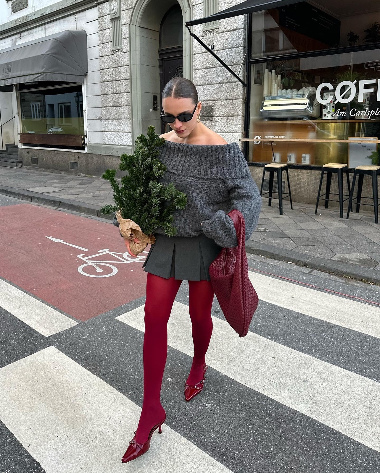 Bold Red Ribbed Tights with a Monochrome Grey Outfit — Ribbed Tights Outfits 2027