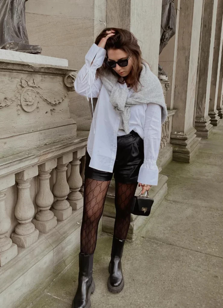 Patterned Ribbed Tights with Leather Shorts and Chunky Boots — Ribbed Tights Outfits 2027
