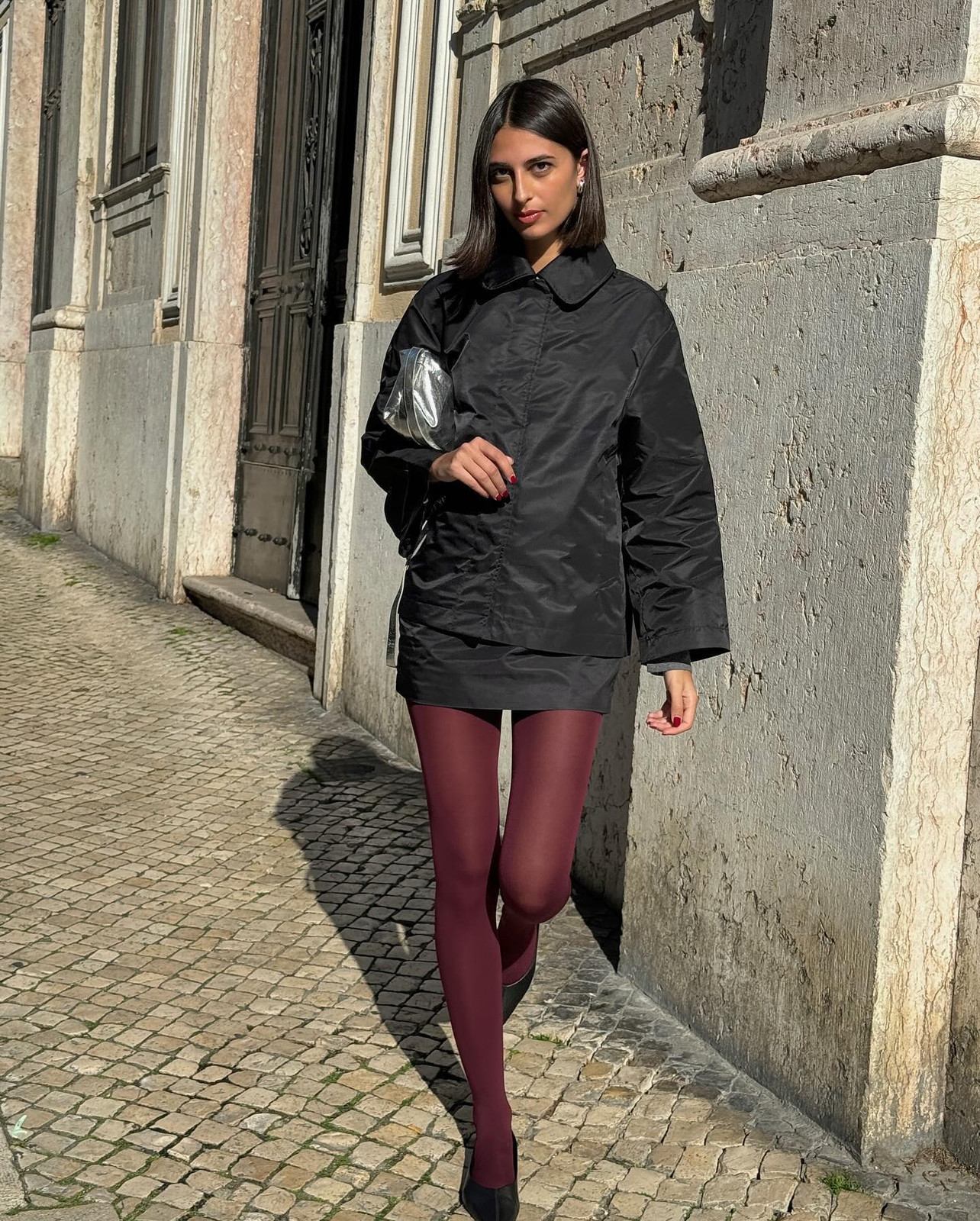 Fashion-Forward Burgundy Tights with an Oversized Jacket — Ribbed Tights Outfits 2027
