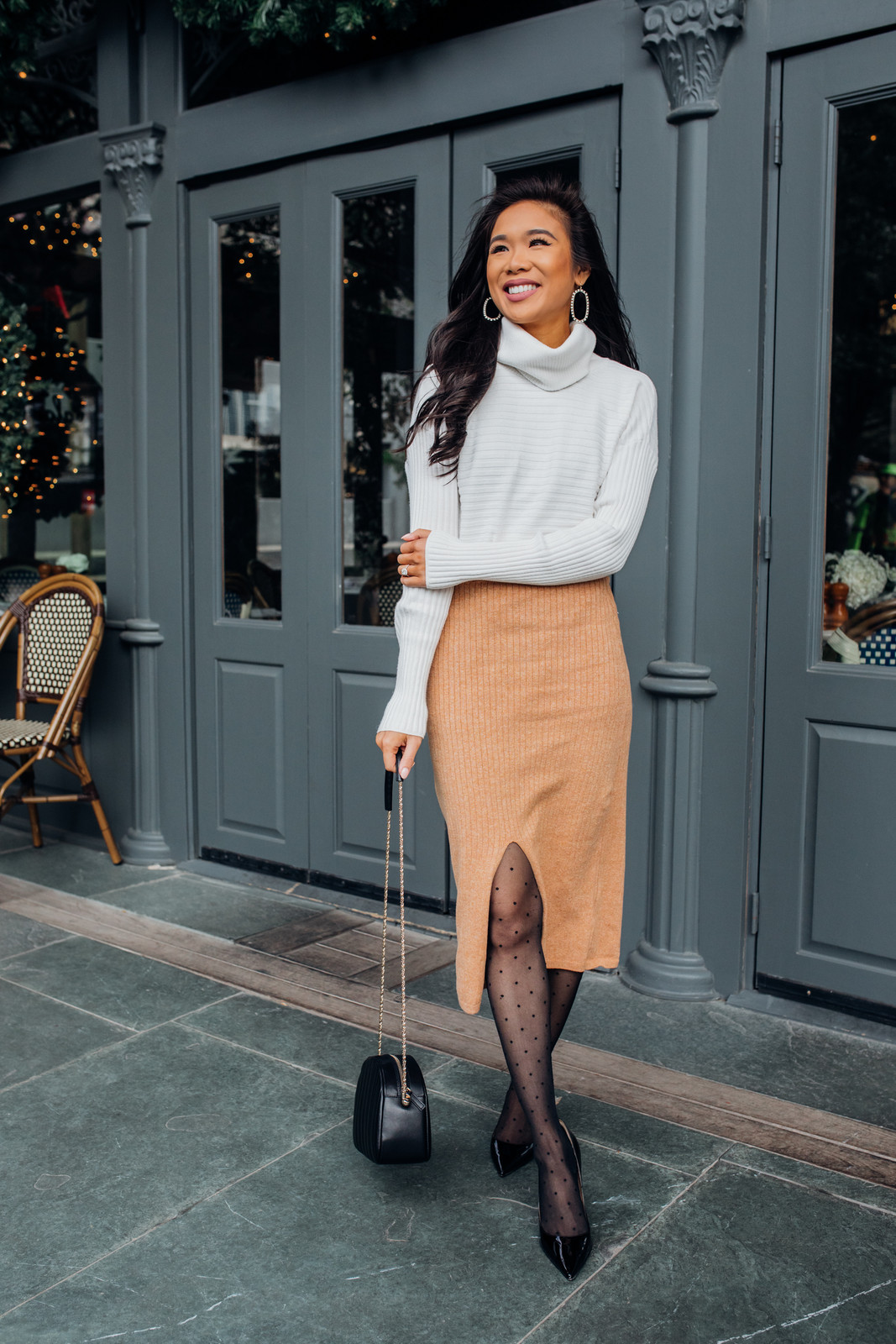 Polka Dot Ribbed Tights with a Midi Skirt and Turtleneck — Ribbed Tights Outfits 2027