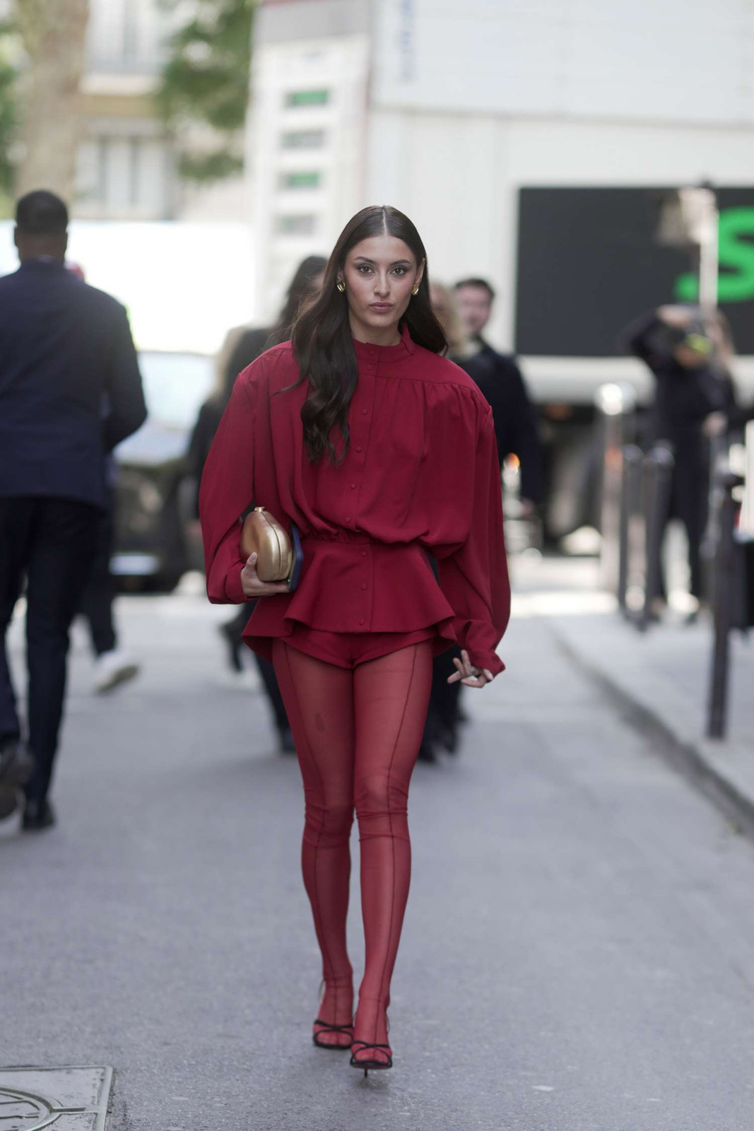 Sheer Red Ribbed Tights with an Oversized Peplum Shirt — Ribbed Tights Outfits 2027