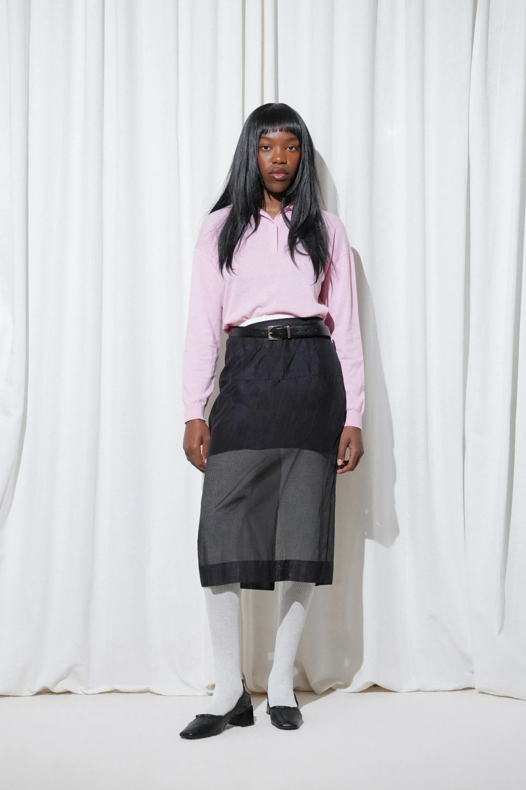 White Ribbed Tights with Pink Shirt and Black Skirt — Ribbed Tights Outfits 2027
