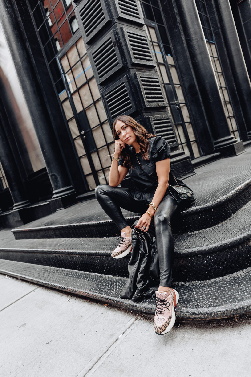 Leopard Print Dad Sneakers with Leather Leggings Leopard Print Dad Sneakers with Leather Leggings — Dad Sneakers Outfits 2027