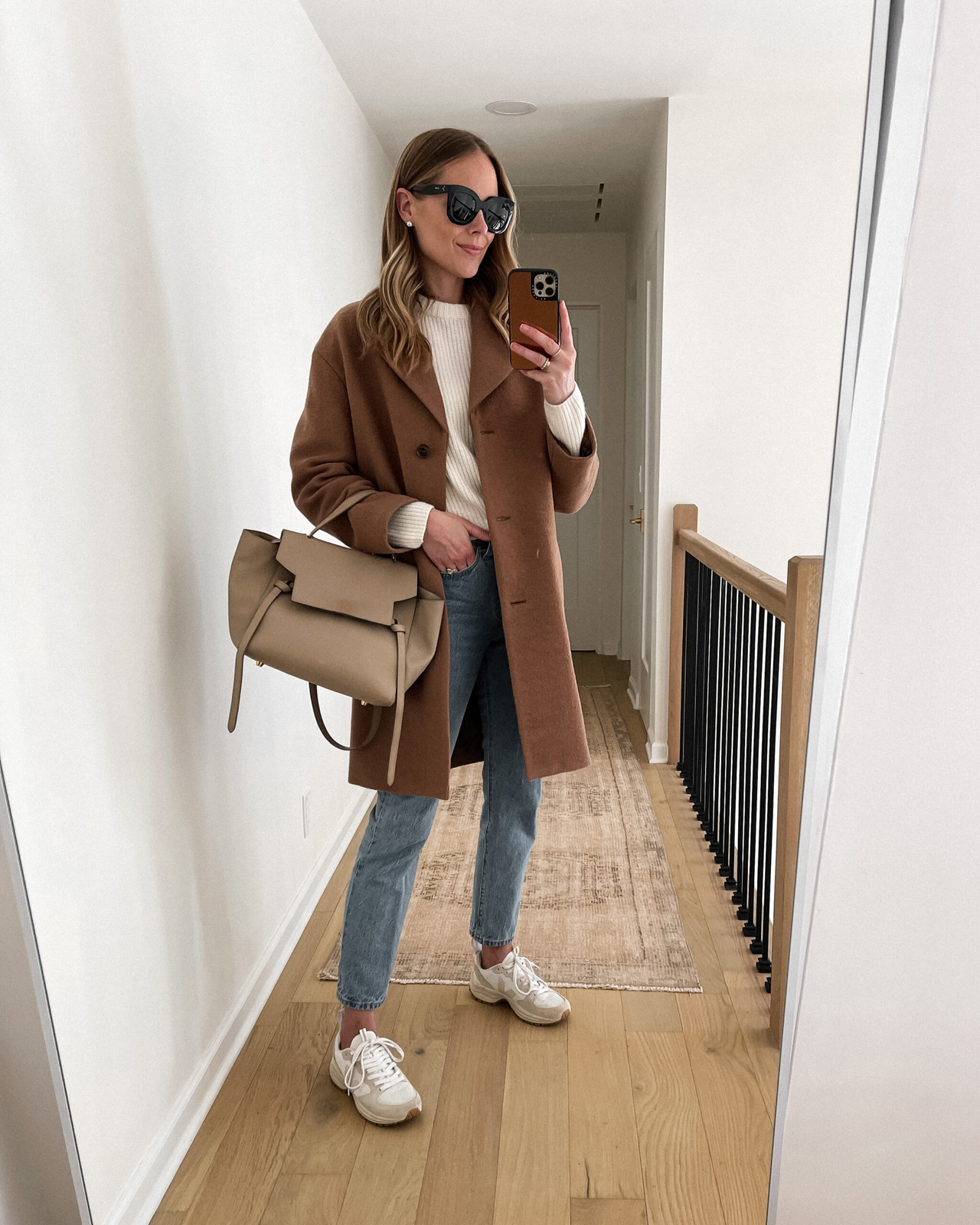 Camel Coat and Cream Sweater with White Dad Sneakers Camel Coat and Cream Sweater with White Dad Sneakers — Dad Sneakers Outfits 2027
