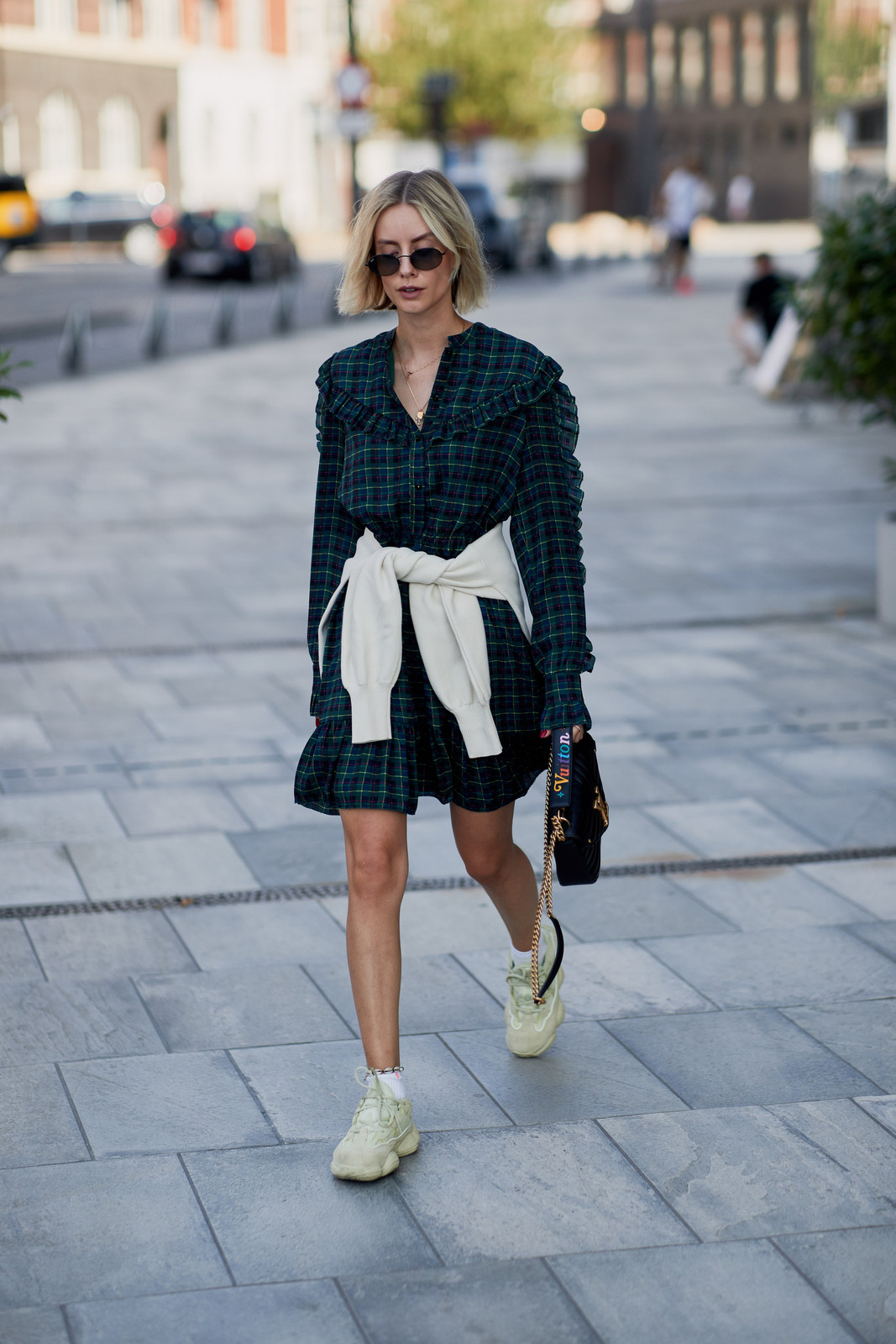 Plaid Ruffle Dress Meets Chunky Sneakers Plaid Ruffle Dress Meets Chunky Sneakers — Dad Sneakers Outfits 2027