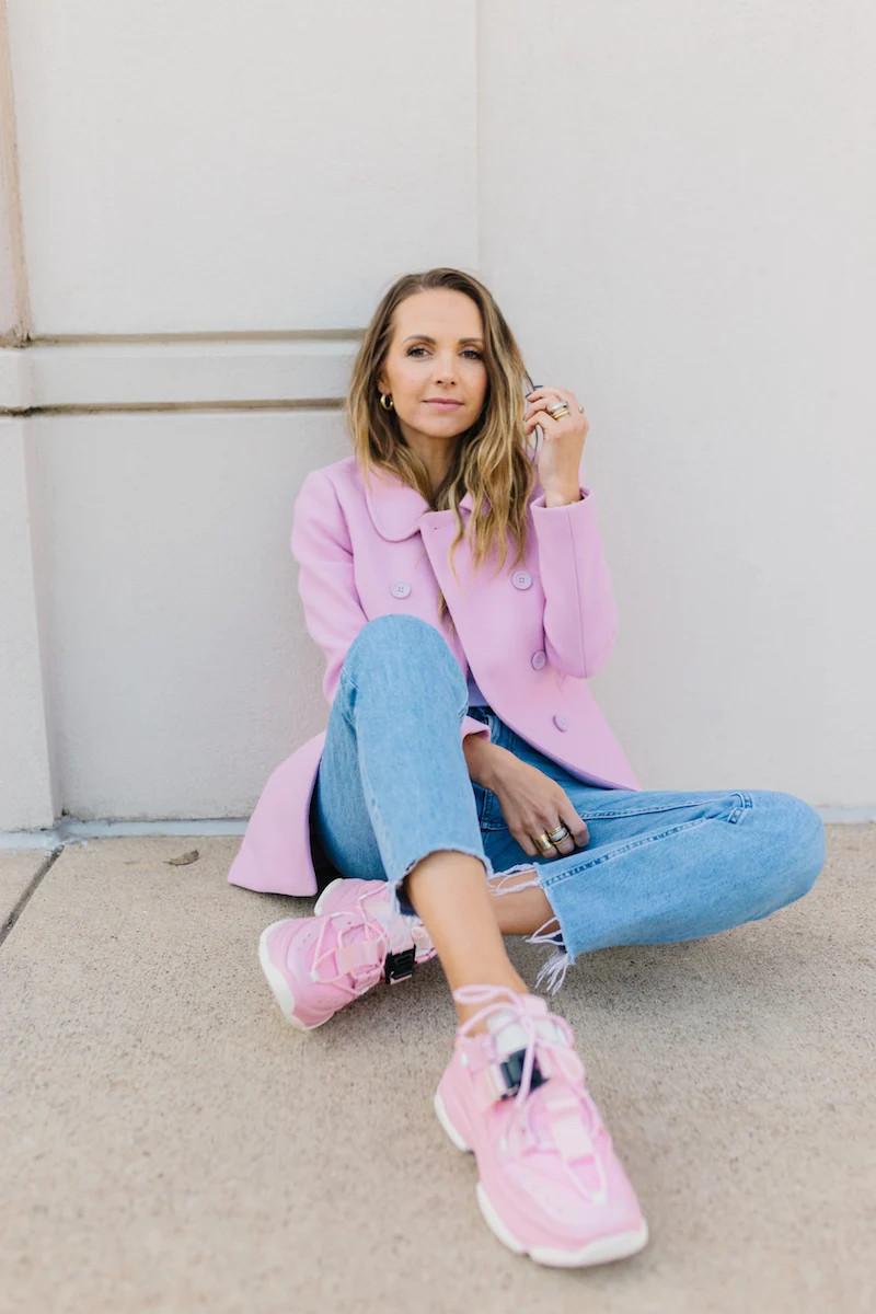 Pastel Coat and Jeans with Bright Pink Dad Sneakers Pastel Coat and Jeans with Bright Pink Dad Sneakers — Dad Sneakers Outfits 2027