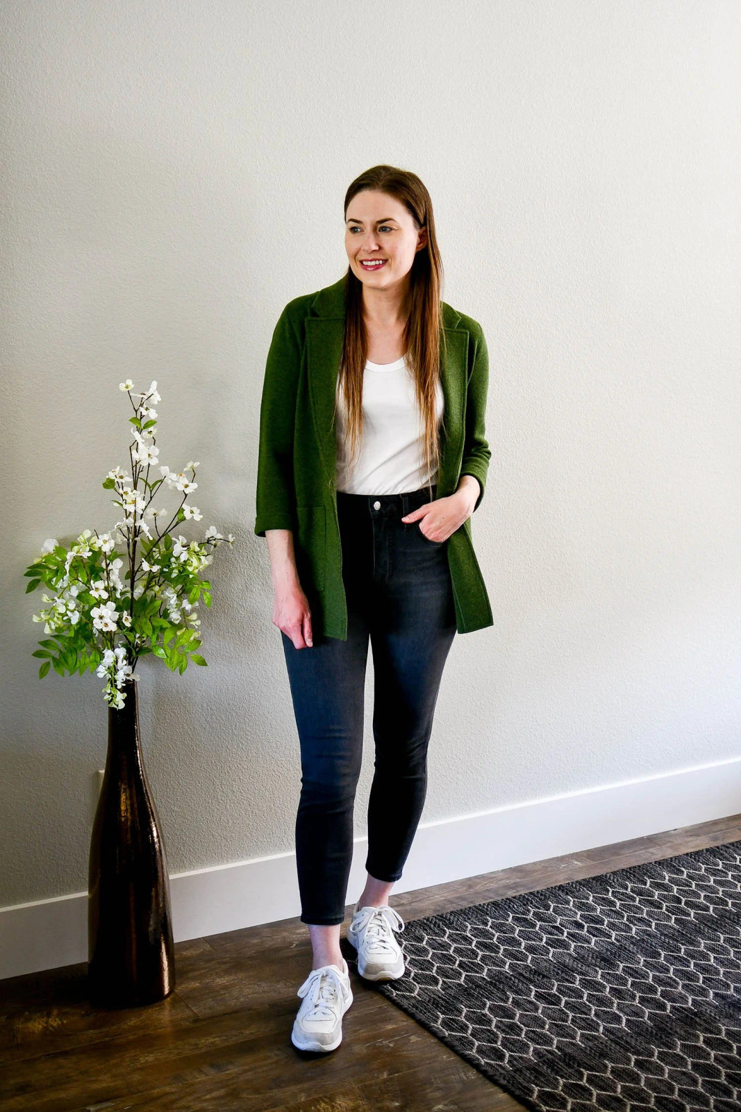 Green Knit Jacket as Casual Workwear with White Sneakers Green Knit Jacket as Casual Workwear with White Sneakers — Dad Sneakers Outfits 2027