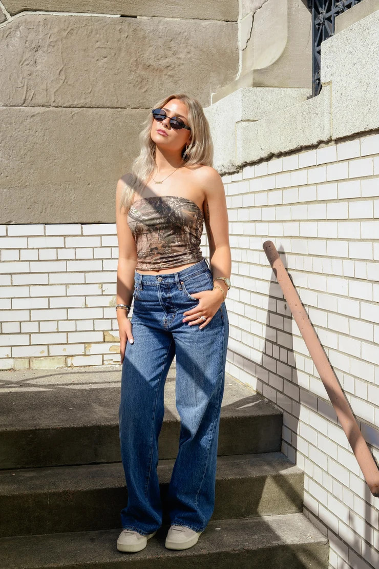 Camouflage Mesh Tube Top with Wide-Leg Denim for Casual Trend Camouflage Mesh Tube Top with Wide-Leg Denim for Casual Trend — Tube Tops 2027