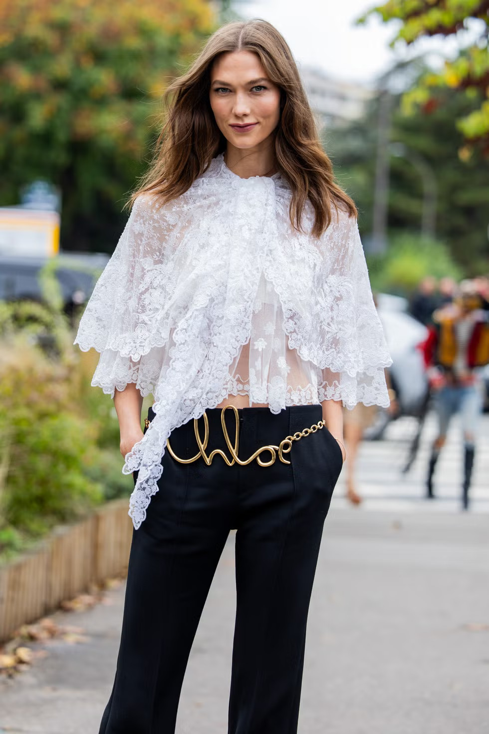 White Lace Chiffon Blouse with Black Trousers and Gold Belt White Lace Chiffon Blouse with Black Trousers and Gold Belt — Chiffon Blouse Outfits 2027