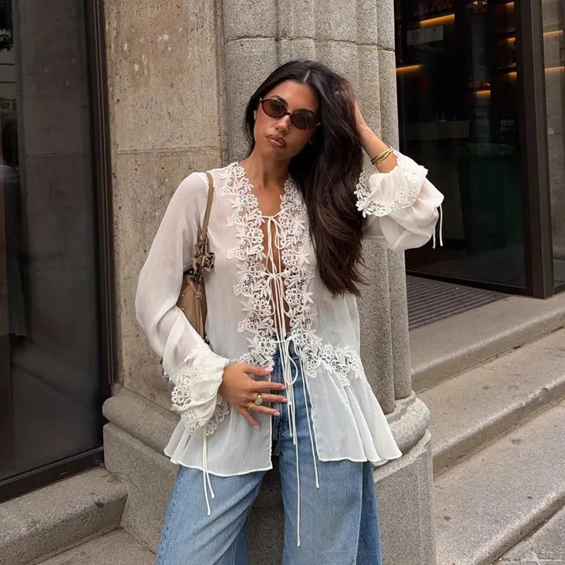 White Sheer Chiffon Blouse with Lace and Light Wash Jeans White Sheer Chiffon Blouse with Lace and Light Wash Jeans — Chiffon Blouse Outfits 2027