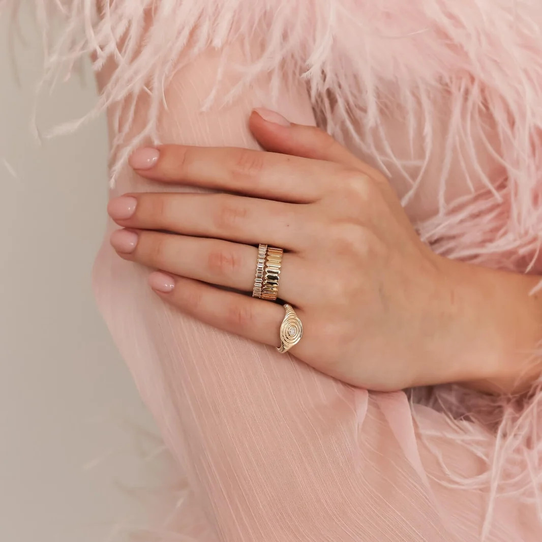 Stacked Gold Rings with Feather Boa Accent Stacked Gold Rings with Feather Boa Accent — Signet Rings 2027