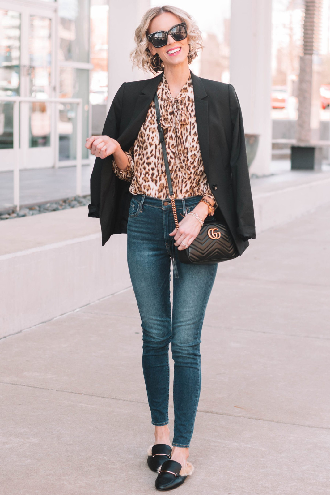 Leopard Print Blouse Under a Black Blazer with Skinny Jeans Leopard Print Blouse Under a Black Blazer with Skinny Jeans — Blouse Outfits 2027 with Blazer