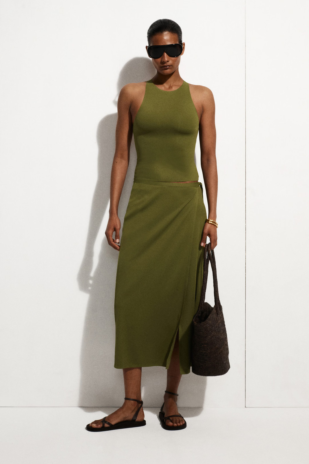 Casual Chic: Khaki Tank with Olive Wrap Skirt Casual Chic: Khaki Tank with Olive Wrap Skirt — Racerback Tank Top Outfits 2027