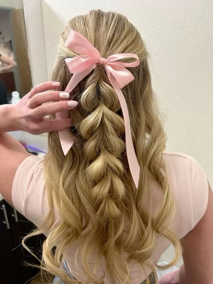 Blonde Bubble Braid With Pink Bow Blonde Bubble Braid With Pink Bow — Coquette Ponytail Hairstyles 2027