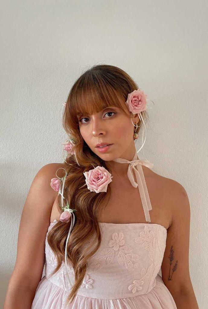 Wavy Ponytail With Full Bangs and Roses Wavy Ponytail With Full Bangs and Roses — Coquette Ponytail Hairstyles 2027