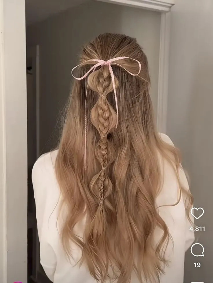 Low Ponytail Bubble Braid With Pink Bow Low Ponytail Bubble Braid With Pink Bow — Coquette Ponytail Hairstyles 2027