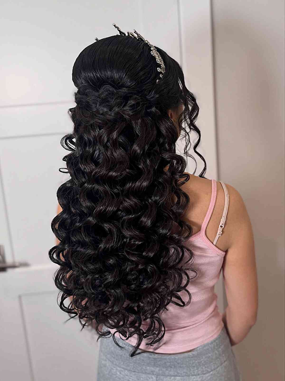 Black Voluminous Curls Half-Updo Black Voluminous Curls Half-Updo — Down Family Photo Hairstyles 2027