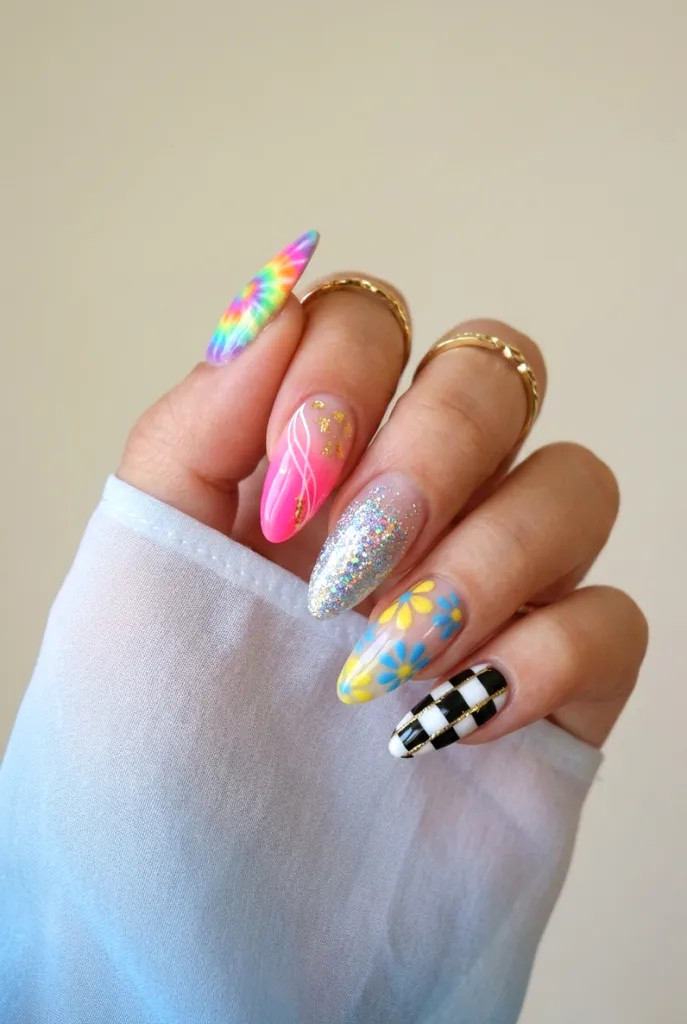 Eclectic Stiletto Nails with Checkerboard Accent Eclectic Stiletto Nails with Checkerboard Accent — Rainbow Checkered Nails 2027