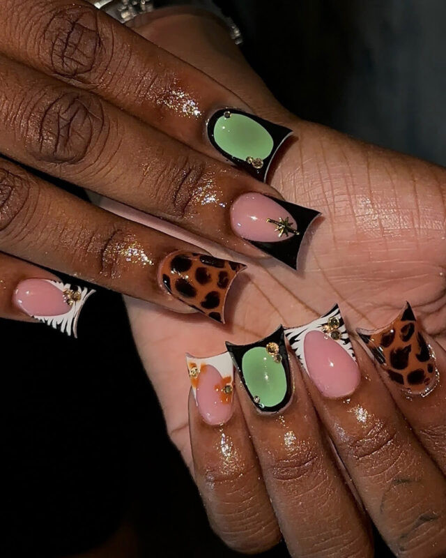 Long Flared Duck Nails with Animal Prints and Studs Long Flared Duck Nails with Animal Prints and Studs — Pink Duck Nails 2027