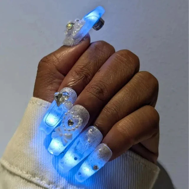 Blue LED Coffin Nails with Embellishments Blue LED Coffin Nails with Embellishments — Rainbow Rave Nails 2027