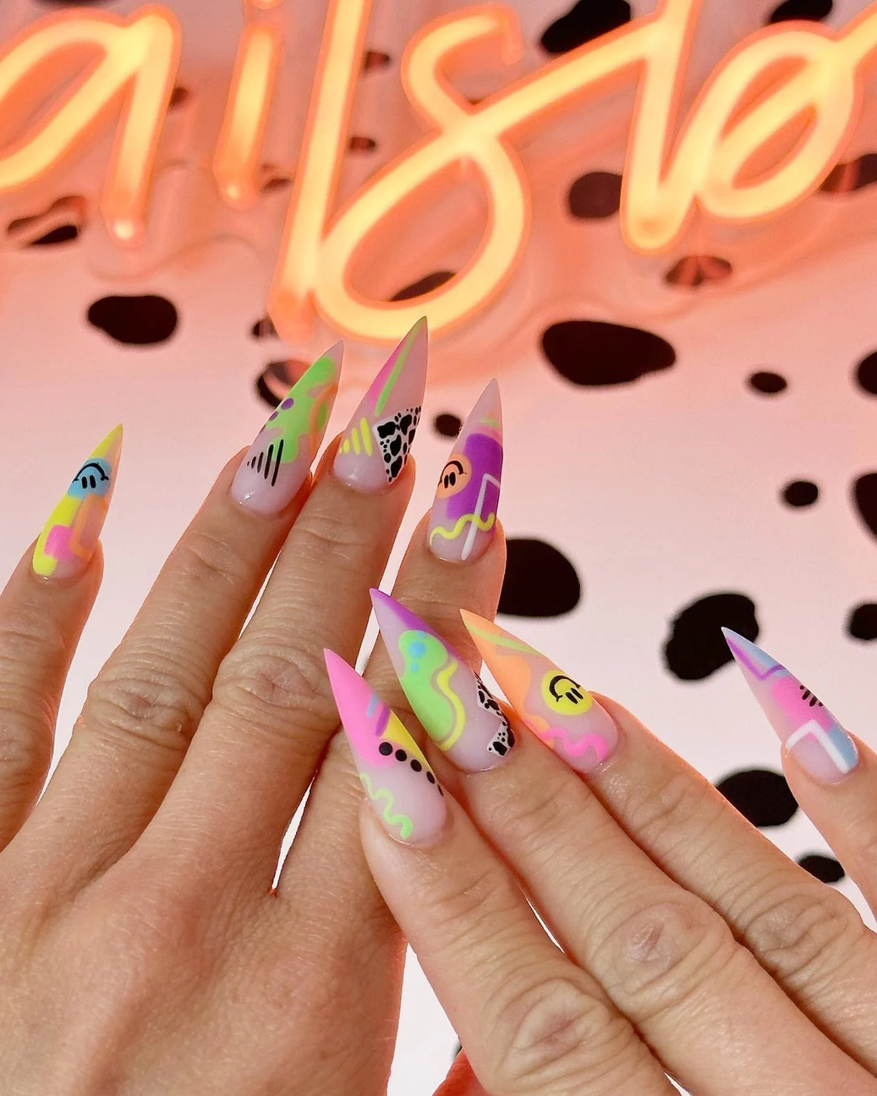 Neon Abstract Art Stilettos Neon Abstract Art Stilettos — Rainbow Rave Nails 2027