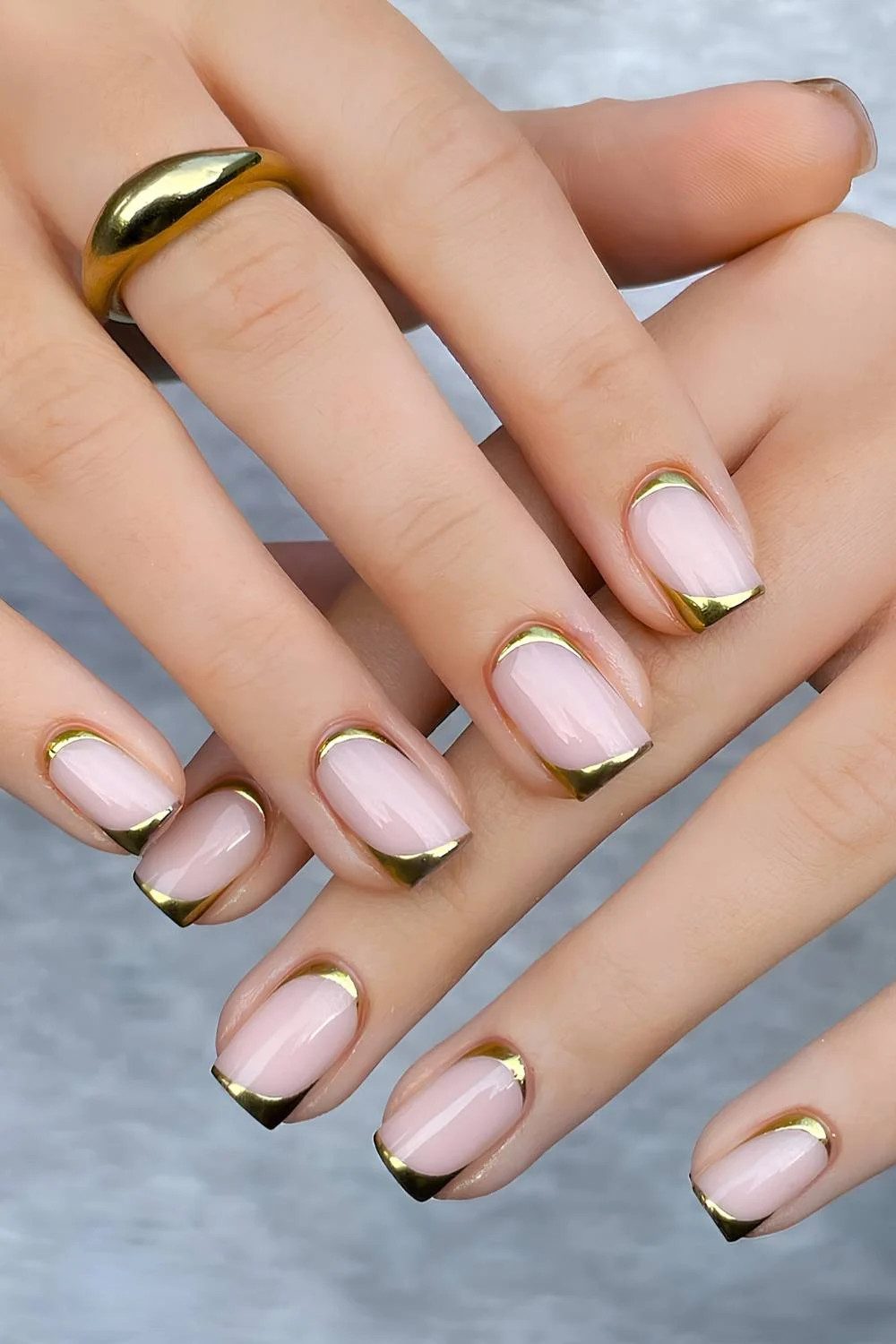 Sheer Pink Square with Metallic Gold — Short Gold French Tip Nails 2027