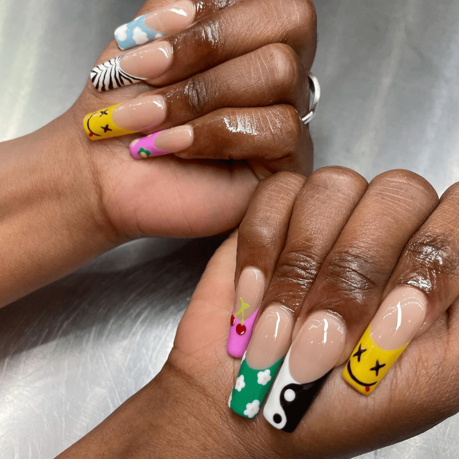 French Tips Long Coffin Mixed Designs French Tips Long Coffin Mixed Designs — Smiley Face Coffin Nails 2027