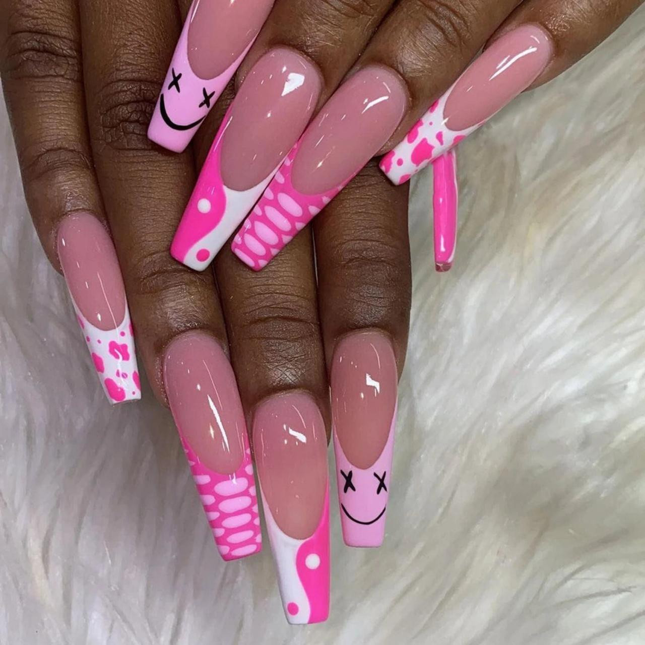 Extra-Long Coffin Pink French Smiley Cow Print Extra-Long Coffin Pink French Smiley Cow Print — Smiley Face Coffin Nails 2027